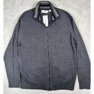 Calvin Klein Sweater Mens Large Gray Extra Fine Merino Wool Full Zip Jacket Y2K